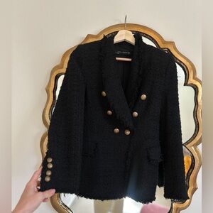 Zara Black Tweed Freyed Blazer - Size S